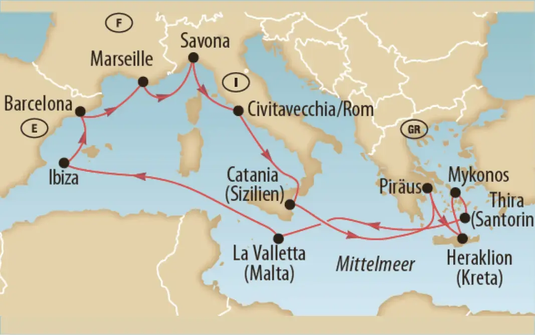 Karte des Mittelmeers mit eingezeichneter Kreuzfahrtroute und Hafenstädten