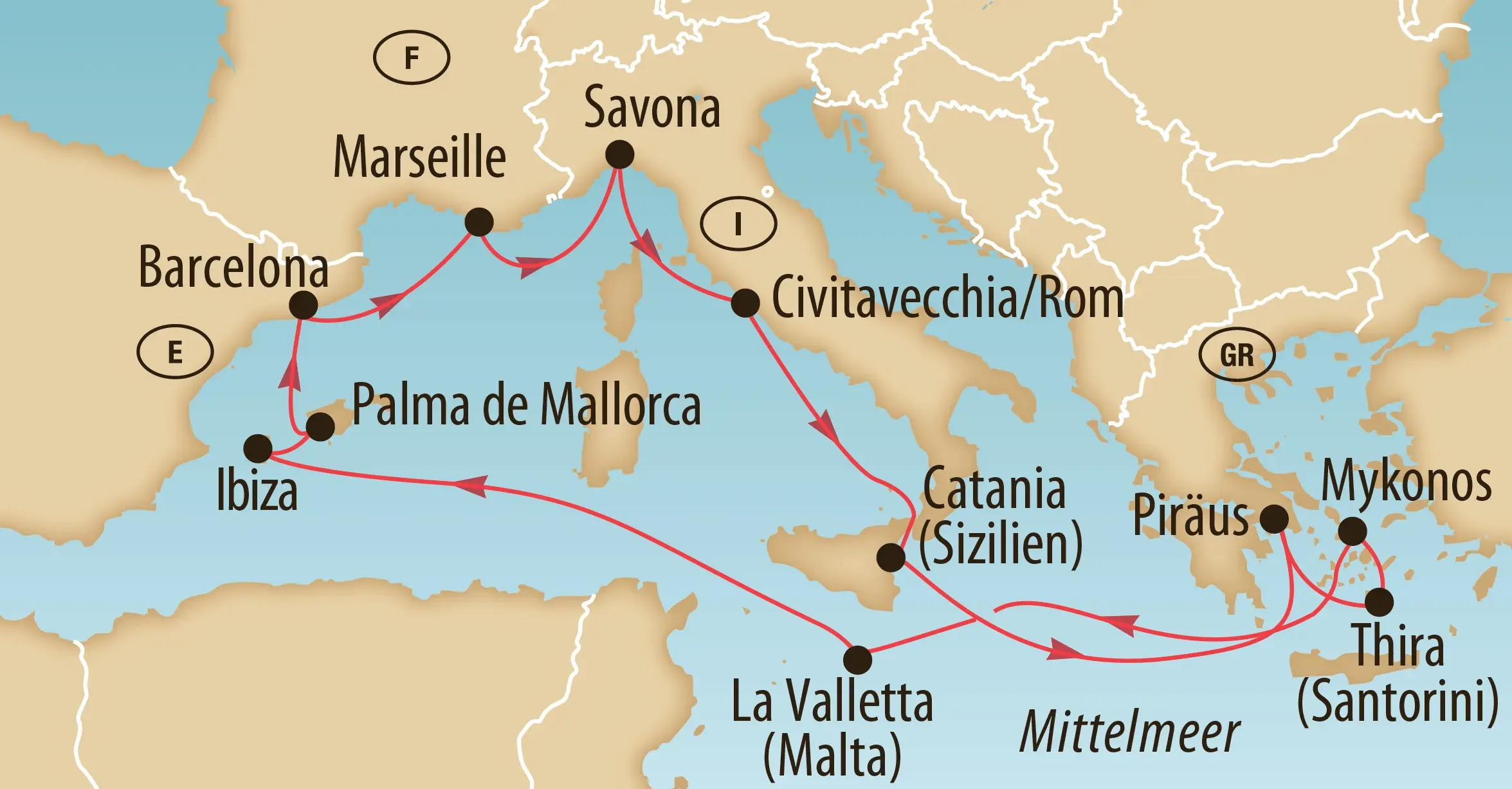 Karte der Kreuzfahrtroute von Savona über Griechenland, Malta und die Balearen bis Barcelona.