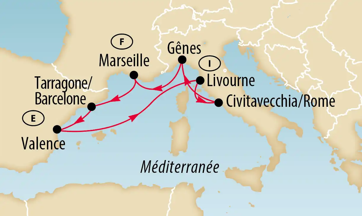 Carte d itinéraire de croisière en Méditerranée avec escales comme Valence Barcelone Marseille et Gênes