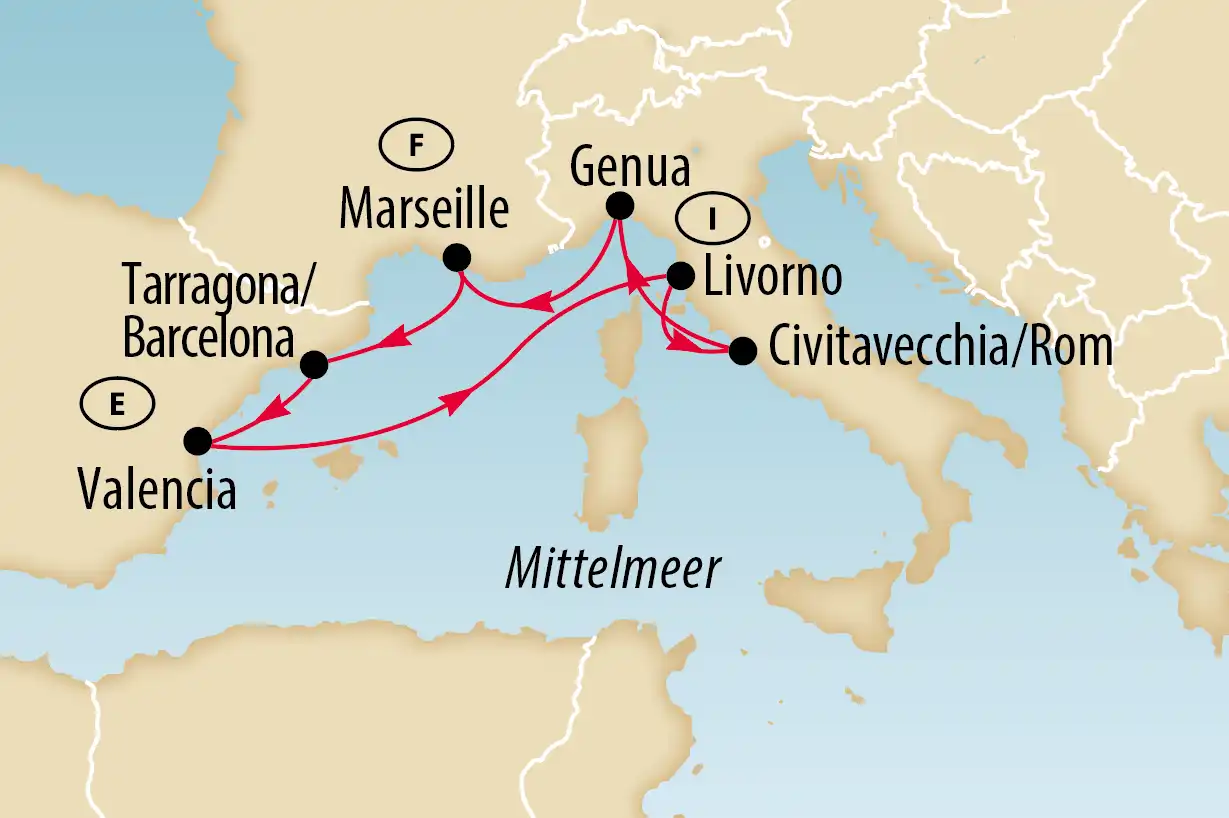 Karte einer Kreuzfahrt Route im Mittelmeer mit Stationen wie Valencia Barcelona Marseille und Genua