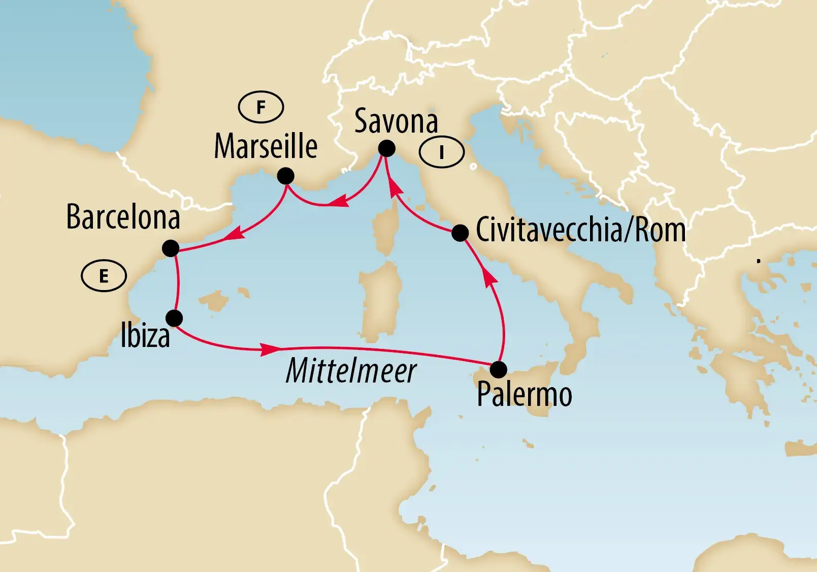 Routenkarte einer Kreuzfahrt im westlichen Mittelmeer mit Start und Ziel in Savona.
