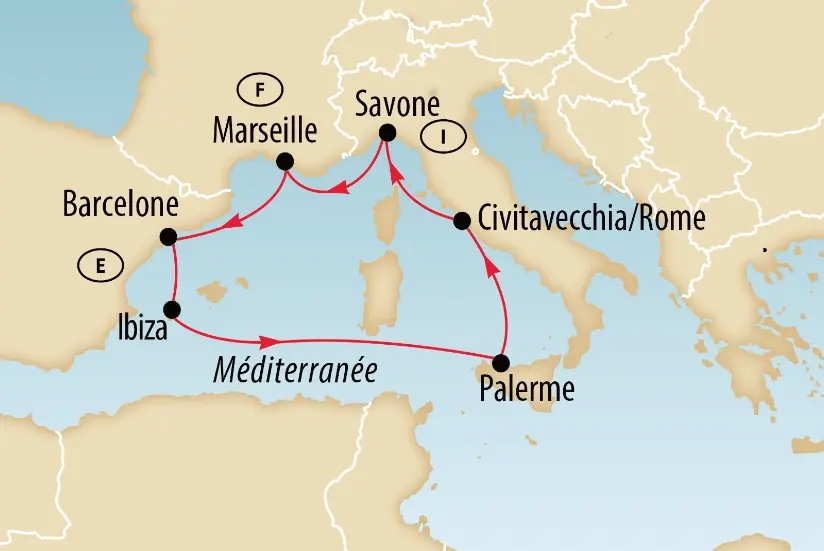 Routenkarte einer Kreuzfahrt im westlichen Mittelmeer mit Start und Ziel in Savona.