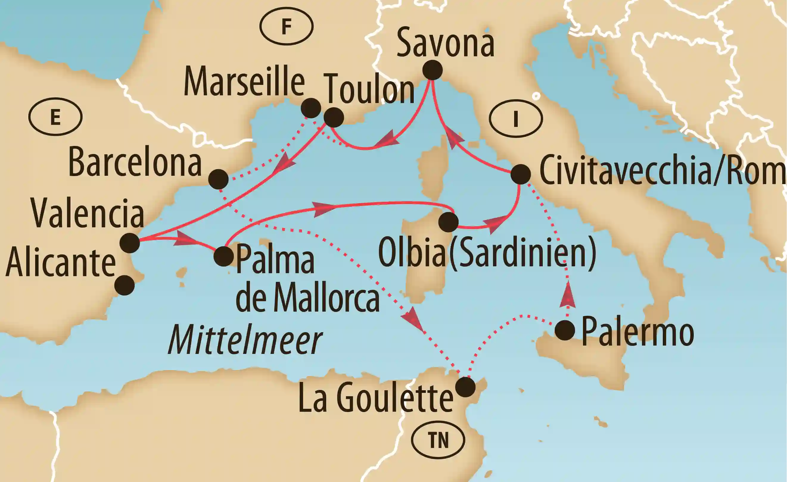 Karte des westlichen Mittelmeers mit eingezeichneter Kreuzfahrtroute. Die Route verläuft über Alicante, Valencia, Barcelona, Marseille, Toulon, Savona, Civitavecchia (Rom), Olbia auf Sardinien, Palermo sowie La Goulette in Tunesien
