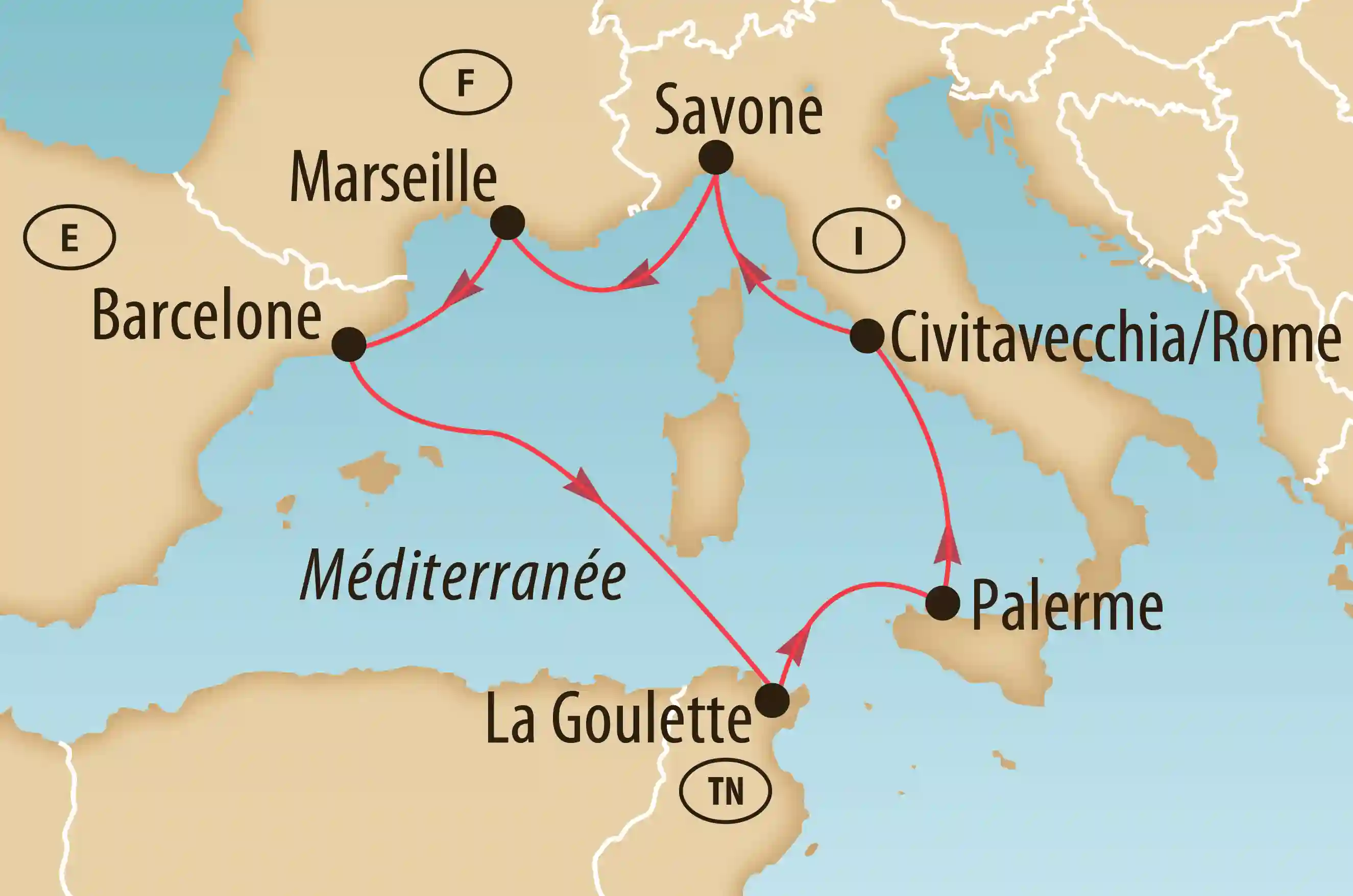 Carte de la Méditerranée occidentale montrant un itinéraire de croisière passant par Alicante, Valence, Barcelone, Marseille, Toulon, Savone, Civitavecchia (Rome), Olbia en Sardaigne, Palerme et La Goulette en Tunisie.