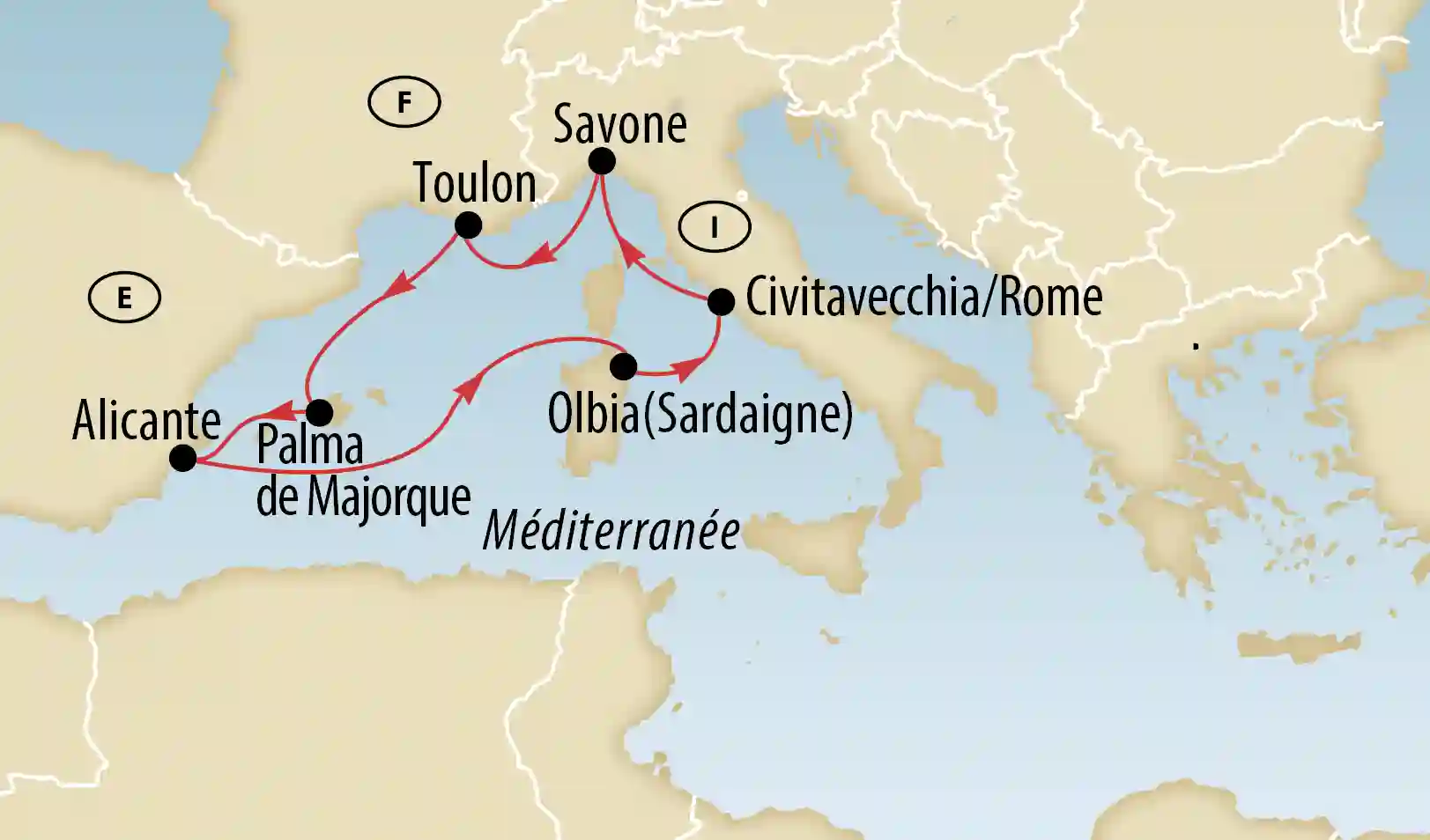 Carte d'un itinéraire de croisière en Méditerranée avec ports indiqués en Espagne, France et Italie