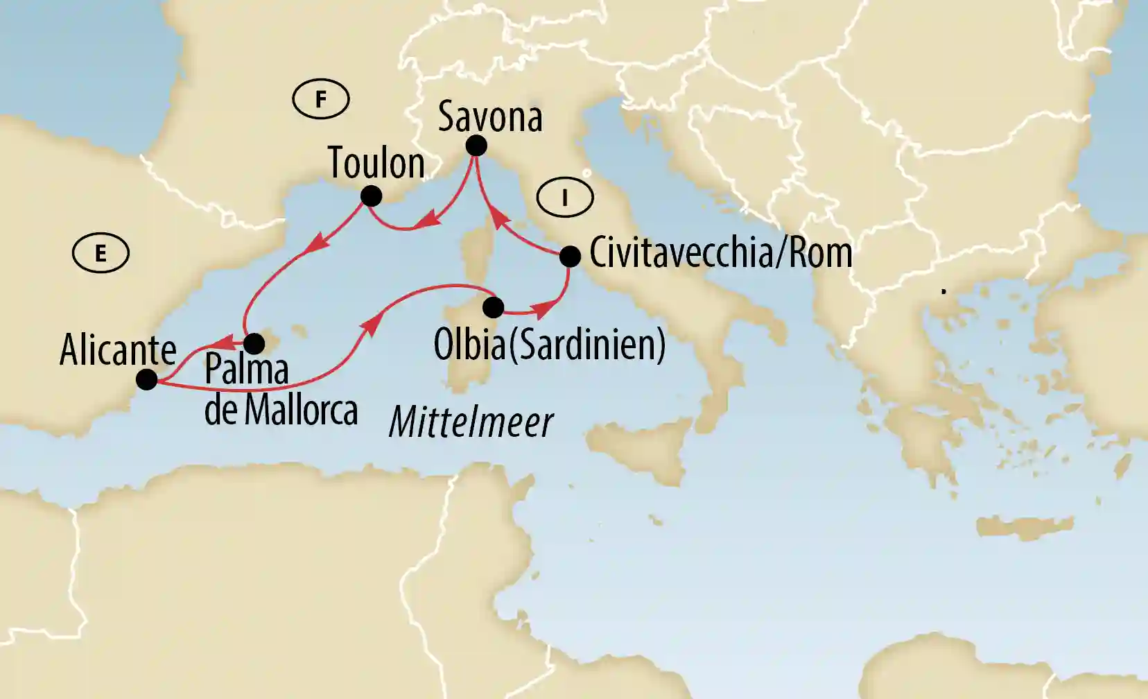 Karte einer Mittelmeer Kreuzfahrtroute mit markierten Häfen in Spanien, Frankreich und Italien