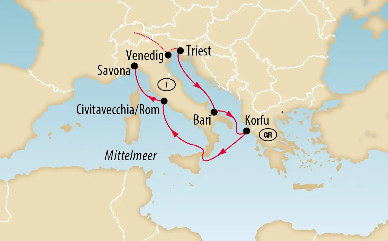 Karte einer Mittelmeer Kreuzfahrt mit Route über Venedig Triest Bari Korfu und Rom