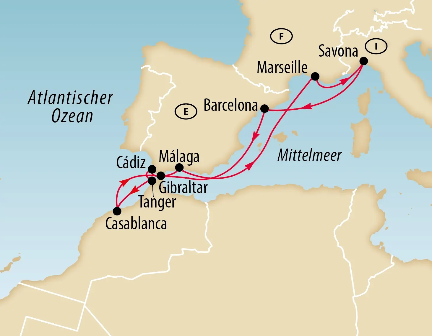 Karte einer Kreuzfahrtroute im Mittelmeer von Savona über Marseille, Barcelona und Malaga bis Casablanca