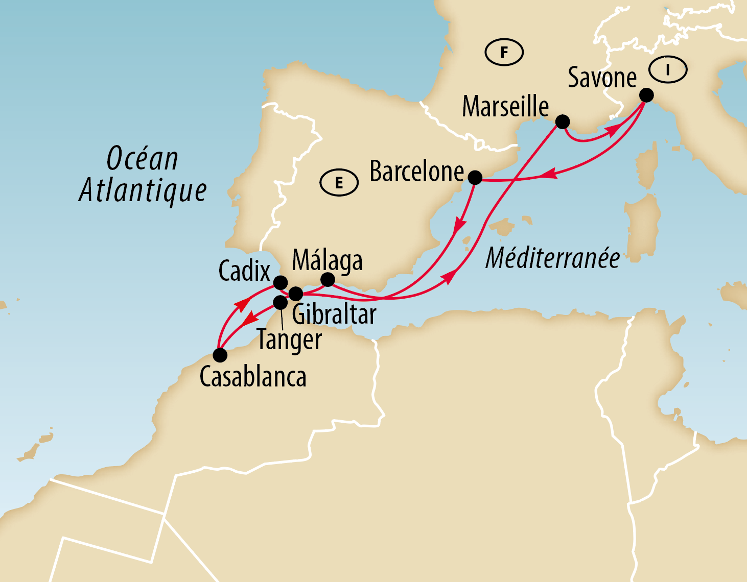 Carte d'un itinéraire de croisière en Mediterranée de Savone via Marseille, Barcelone et Malaga jusqu'a Casablanca