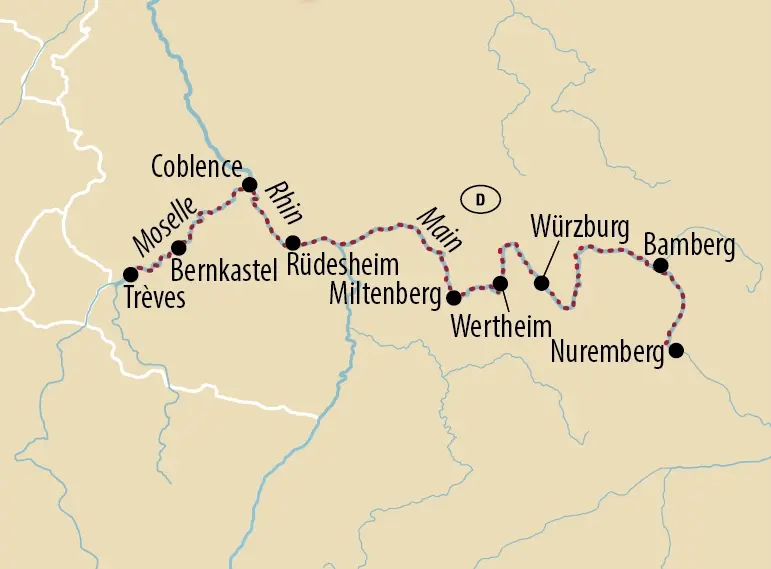 Carte densemble avec itinéraire en pointillés rouges de Coblence via Trèves, Bernkastel, Rudesheim, Miltenberg, Wertheim et Wurtzbourg jusquà Bamberg et Nuremberg, le long de la Moselle, du Rhin et du Main.