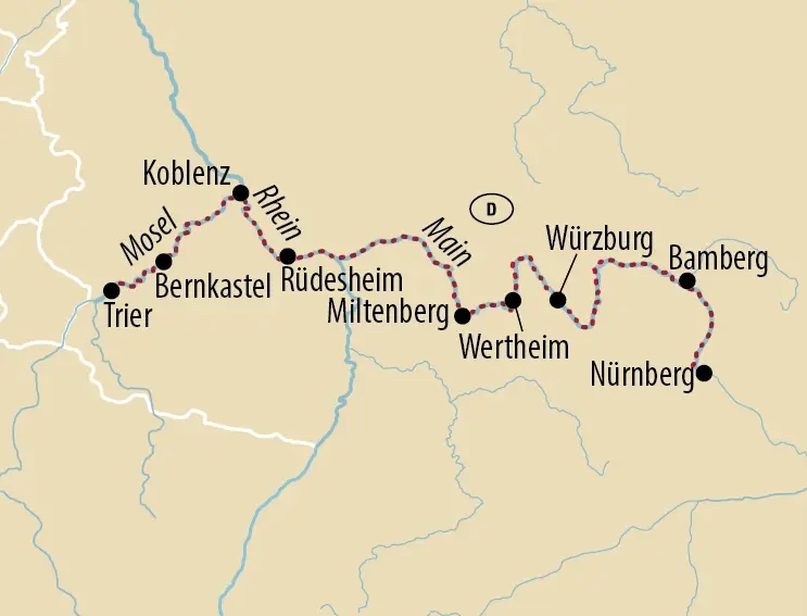 Übersichtskarte mit rot gepunkteter Route von Koblenz über Trier, Bernkastel, Rüdesheim, Miltenberg, Wertheim und Würzburg bis Bamberg und Nürnberg entlang von Mosel, Rhein und Main.