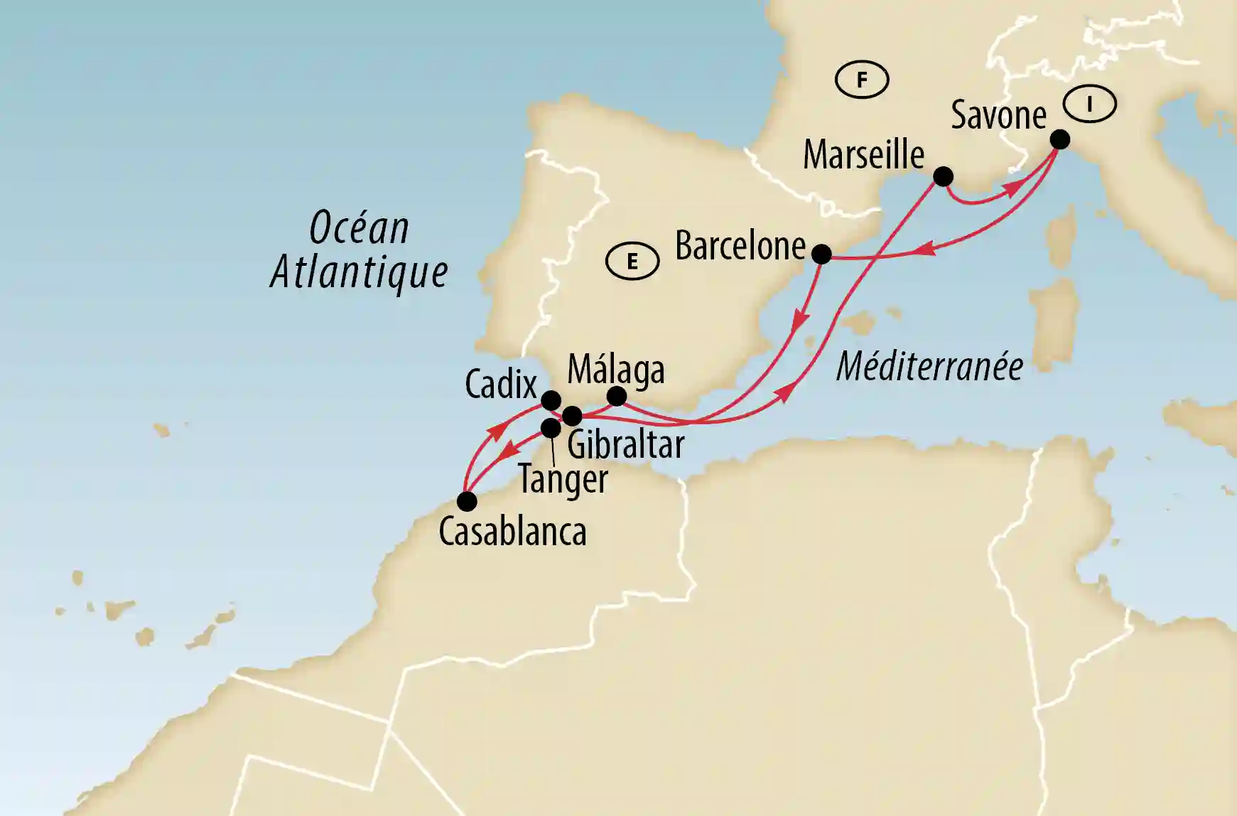 Carte présentant un itinéraire de croisière de Savona à Casablanca via Marseille, Barcelone, Málaga, Cádiz, Gibraltar et Tanger entre la Méditerranée et l océan Atlantique