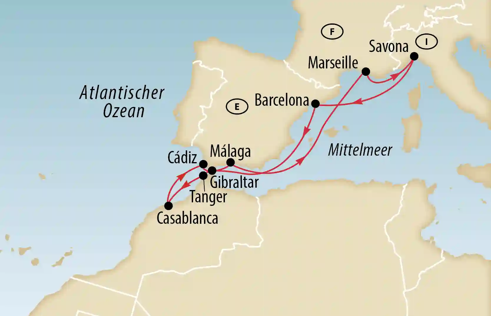 Karte einer Kreuzfahrtroute von Savona über Marseille, Barcelona, Málaga, Cádiz, Gibraltar und Tanger bis Casablanca zwischen Mittelmeer und Atlantischem Ozean