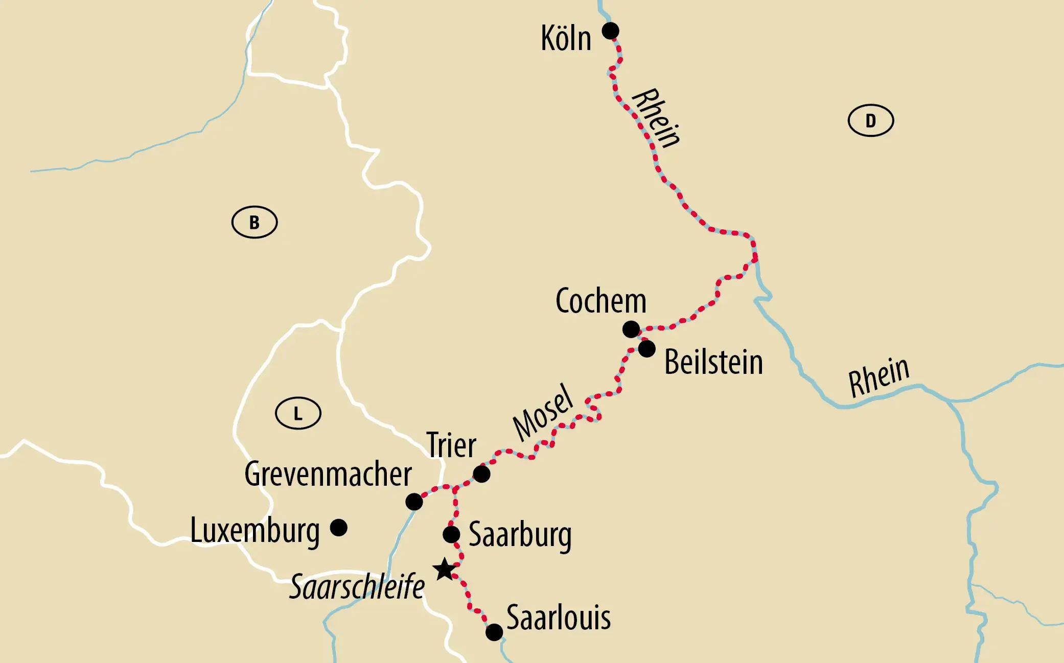 Karte der Flusskreuzfahrt von Köln über Cochem, Trier und Saarburg bis Saarlouis und Luxemburg