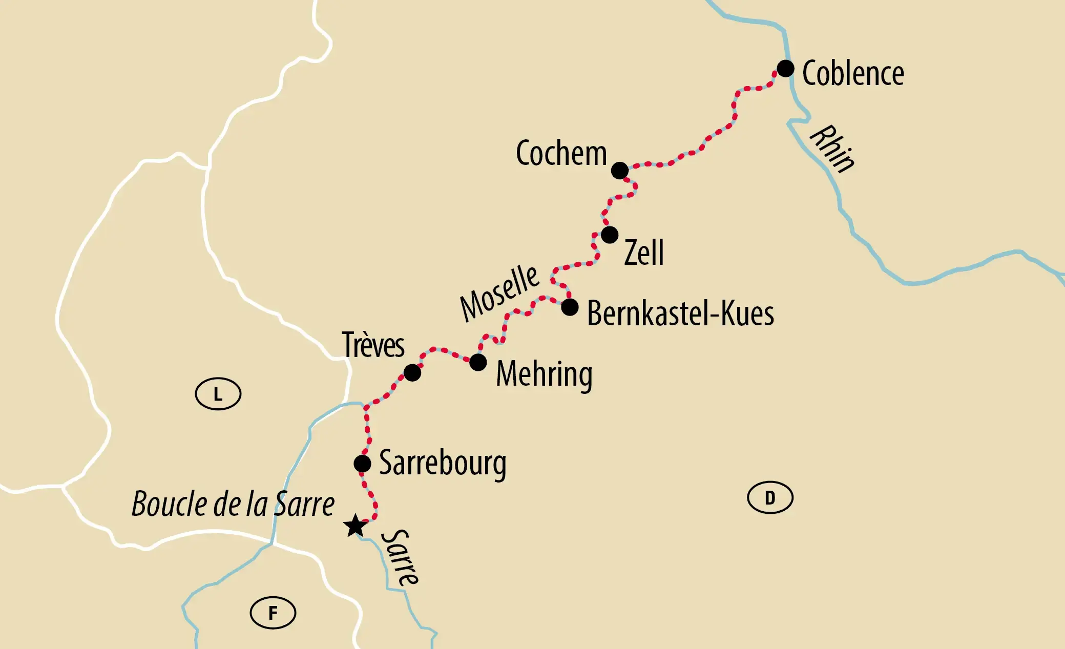 Carte d’une croisière fluviale le long de la Moselle et de la Sarre avec des escales à Coblence, Cochem, Bernkastel-Kues, Trèves et Saarburg