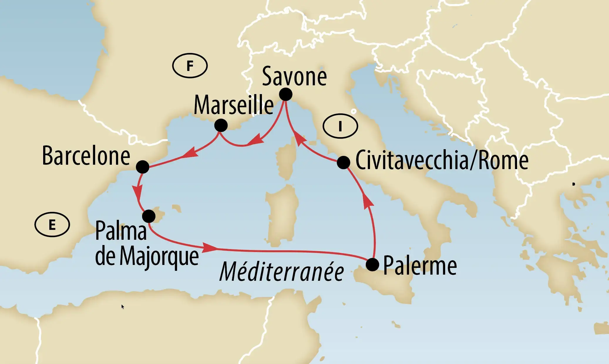 Carte de l’itinéraire d’une croisière en Méditerranée
