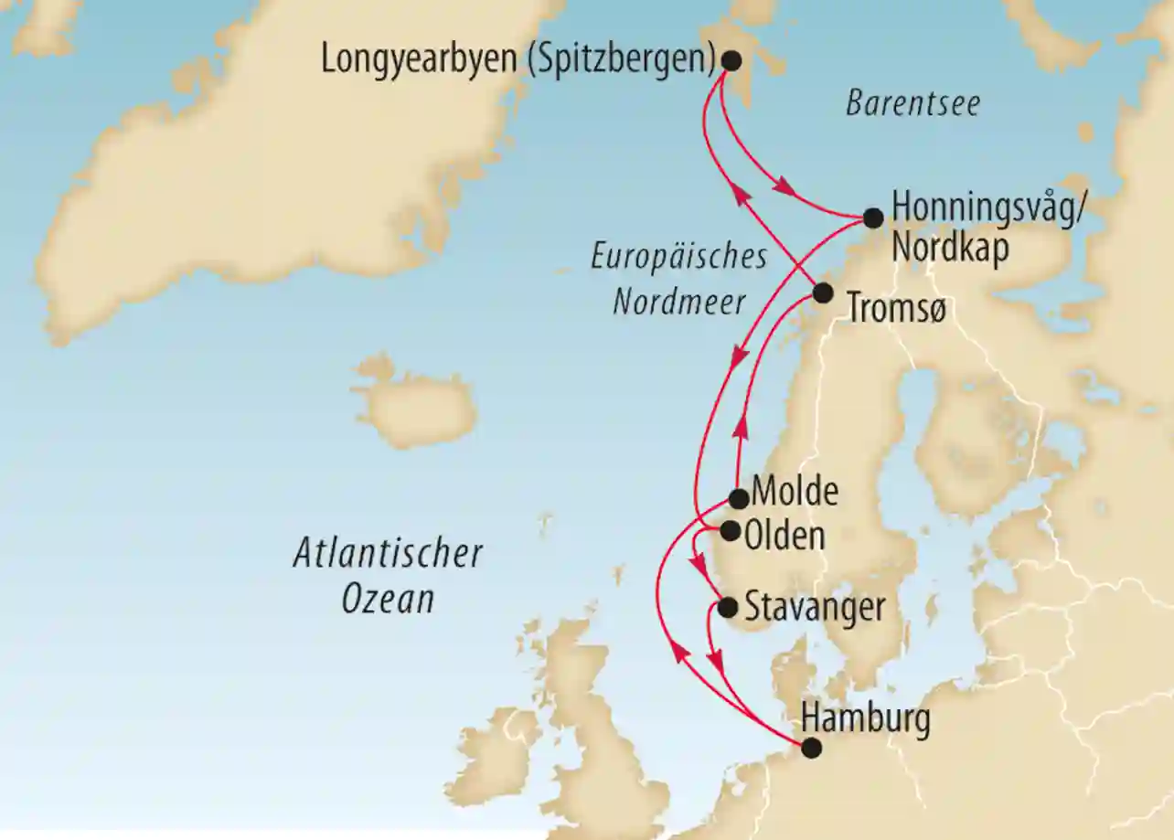 Karte von Nordeuropa mit Reiseroute entlang der norwegischen Küste