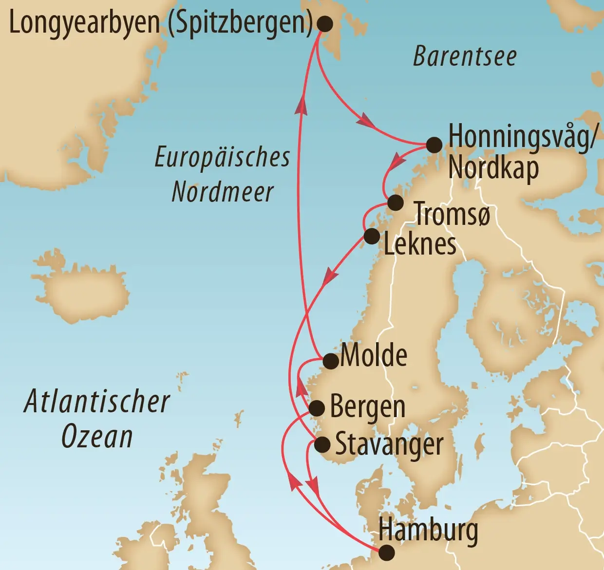Karte von Nordeuropa mit Reiseroute entlang der norwegischen Küste