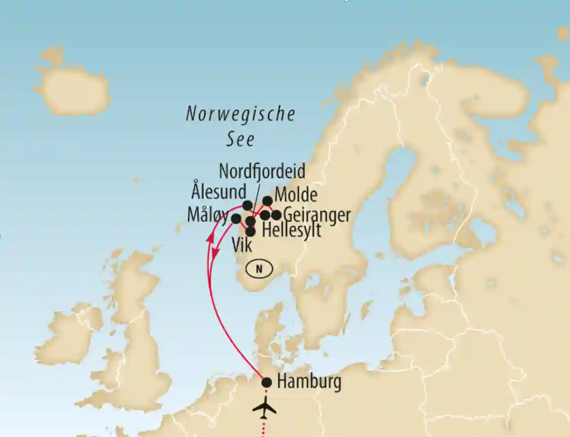 Karte von Nordeuropa mit Reiseroute ab Hamburg nach Norwegen