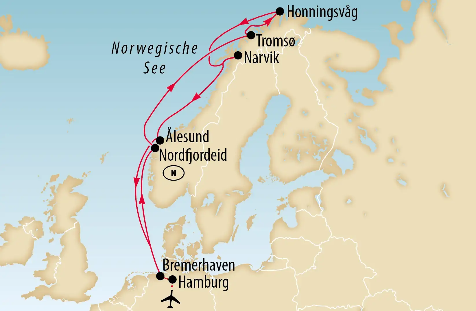 Routenkarte einer Schiffsreise von Bremerhaven/Hamburg entlang der norwegischen Küste über Nordfjordeid, Ålesund, Narvik und Tromsø bis nach Honningsvåg am Nordkap