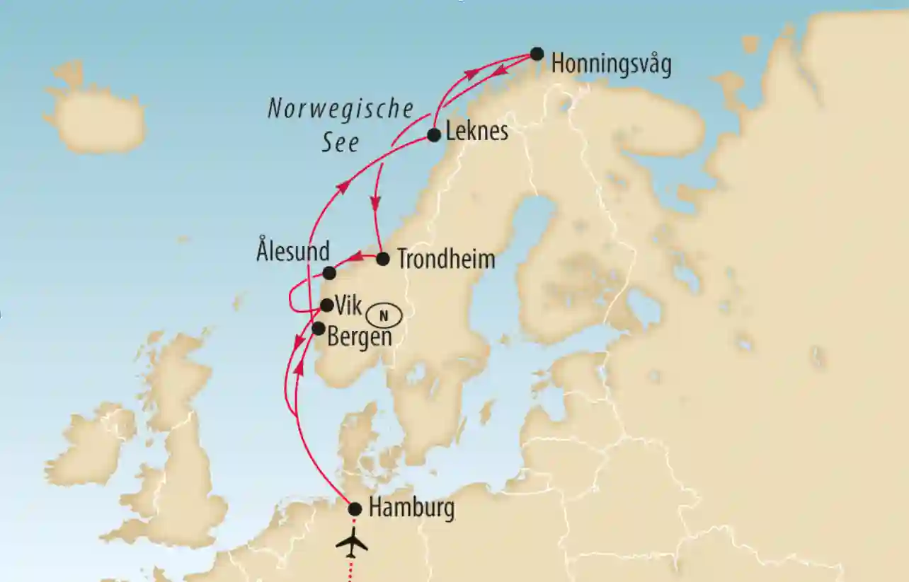 Karte der Nordeuropa Kreuzfahrt mit Route entlang der norwegischen Küste