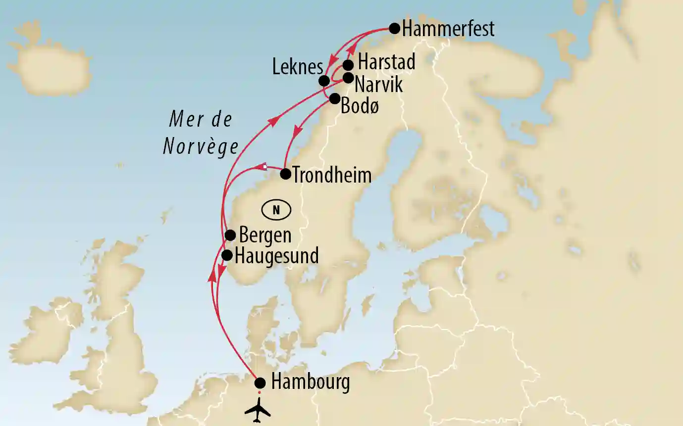 Carte de la Norvège avec itinéraire de croisière et escales comme Hambourg, Bergen, Trondheim et Hammerfest
