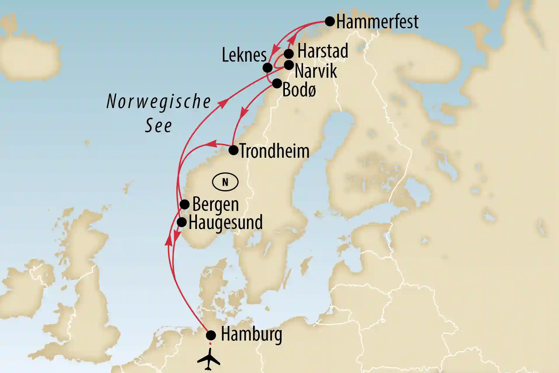Karte von Norwegen mit markierter Kreuzfahrtroute und Stationen wie Hamburg, Bergen, Trondheim und Hammerfest