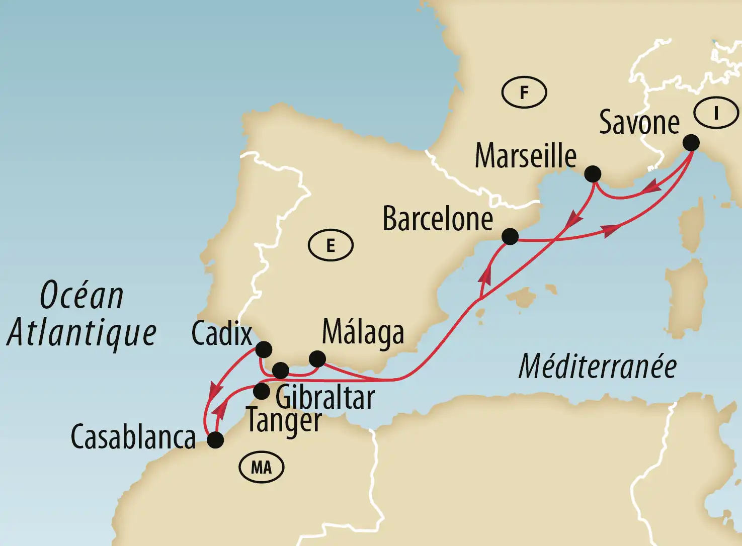 Carte montrant un itineraire de croisiere en Mediterranee reliant l Italie, l Espagne et l Afrique du Nord