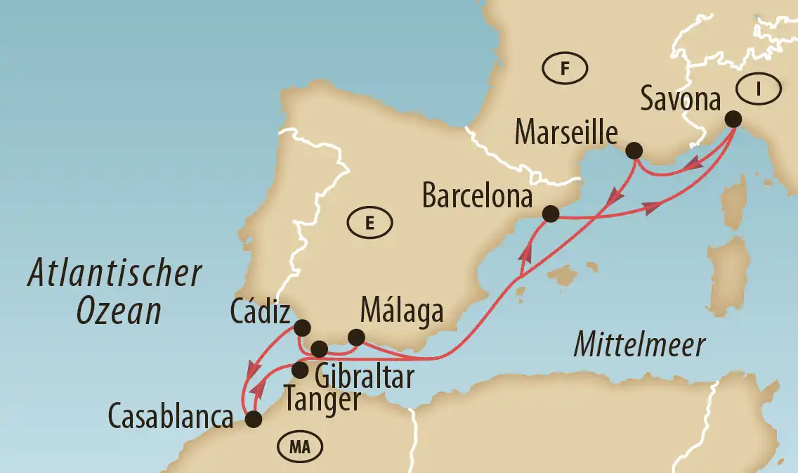 Karte mit Kreuzfahrtroute von Italien über Spanien bis nach Nordafrika im Mittelmeer