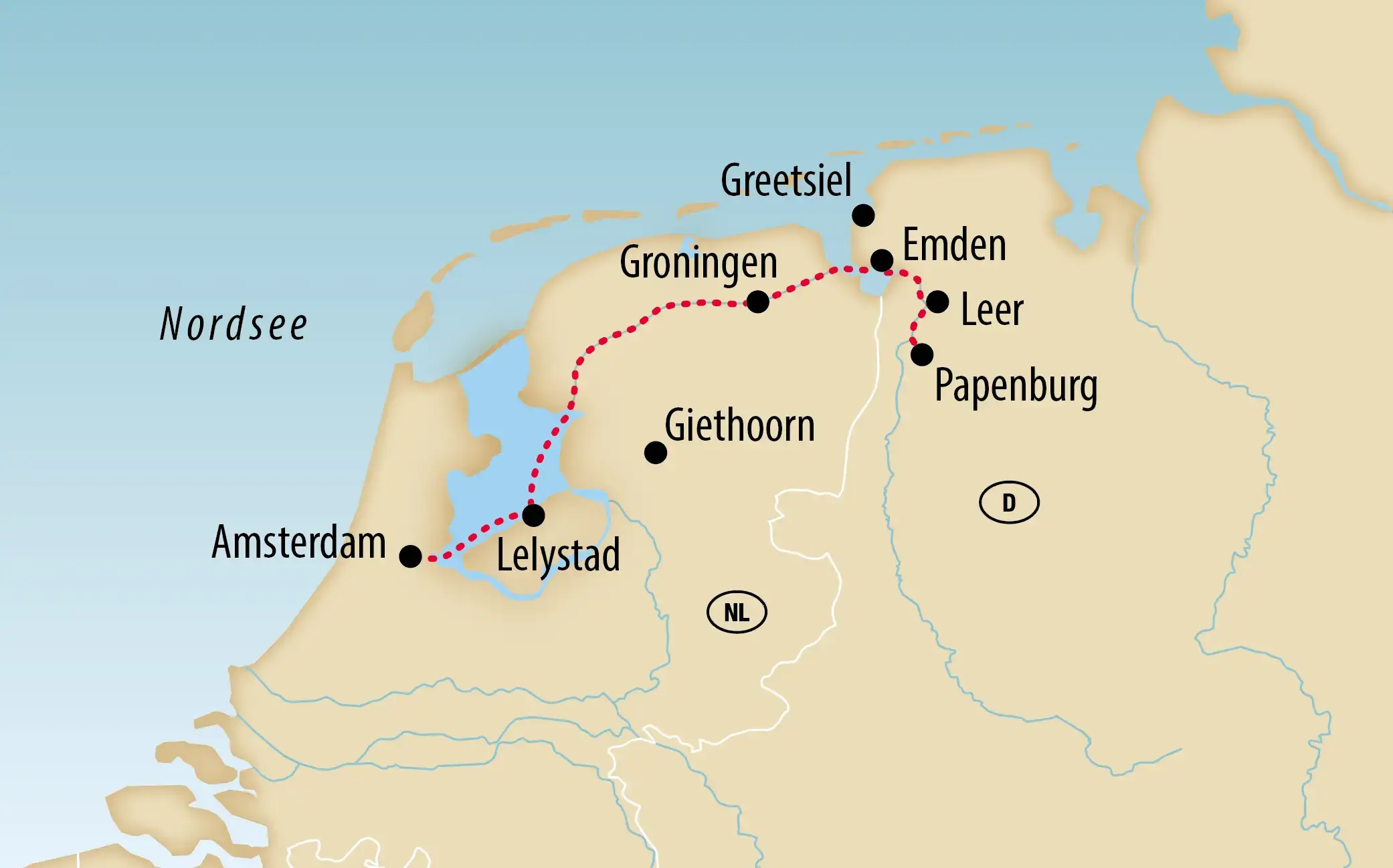 Karte der Kreuzfahrtroute von Amsterdam über Lelystad, Groningen und Emden bis Papenburg und Greetsiel