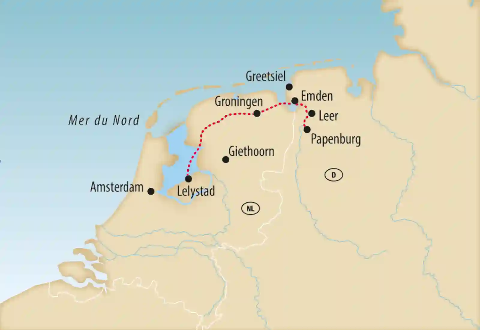 Carte d’ensemble de la région du Benelux avec l’itinéraire de voyage indiqué à travers les Pays-Bas et le nord de l’Allemagne.
