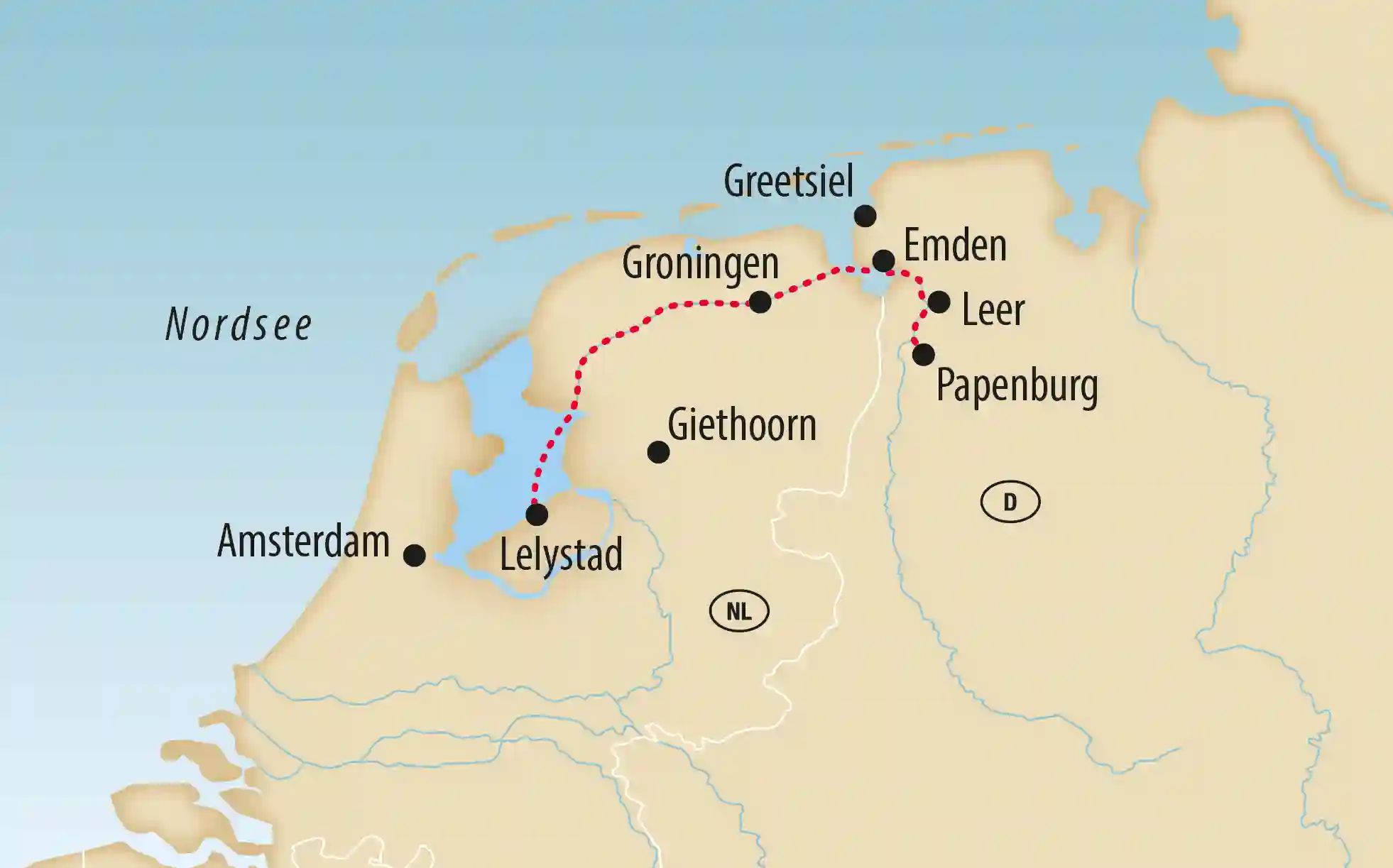 Übersichtskarte der Benelux-Region mit markierter Reiseroute durch die Niederlande und Norddeutschland.
