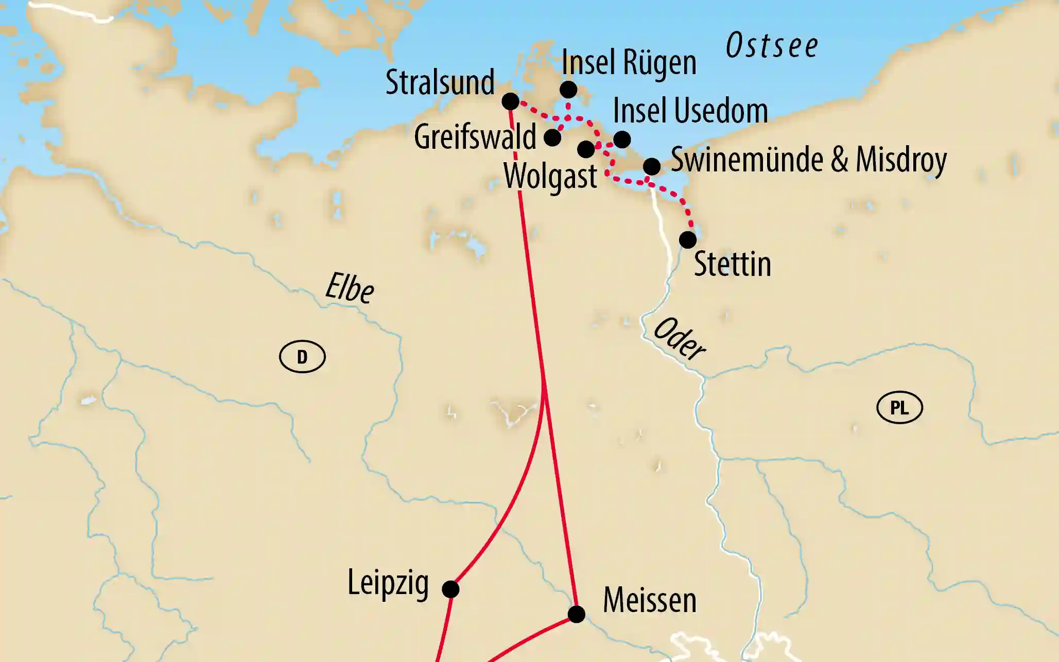 Routenkarte der Reise mit Stationen in Leipzig, Meissen, Stralsund, Ruegen, Usedom und Stettin.