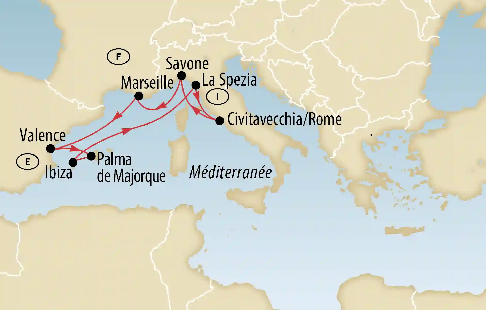 Carte d'un itinéraire de croisière en Méditerranée avec ports indiqués en Espagne, France et Italie