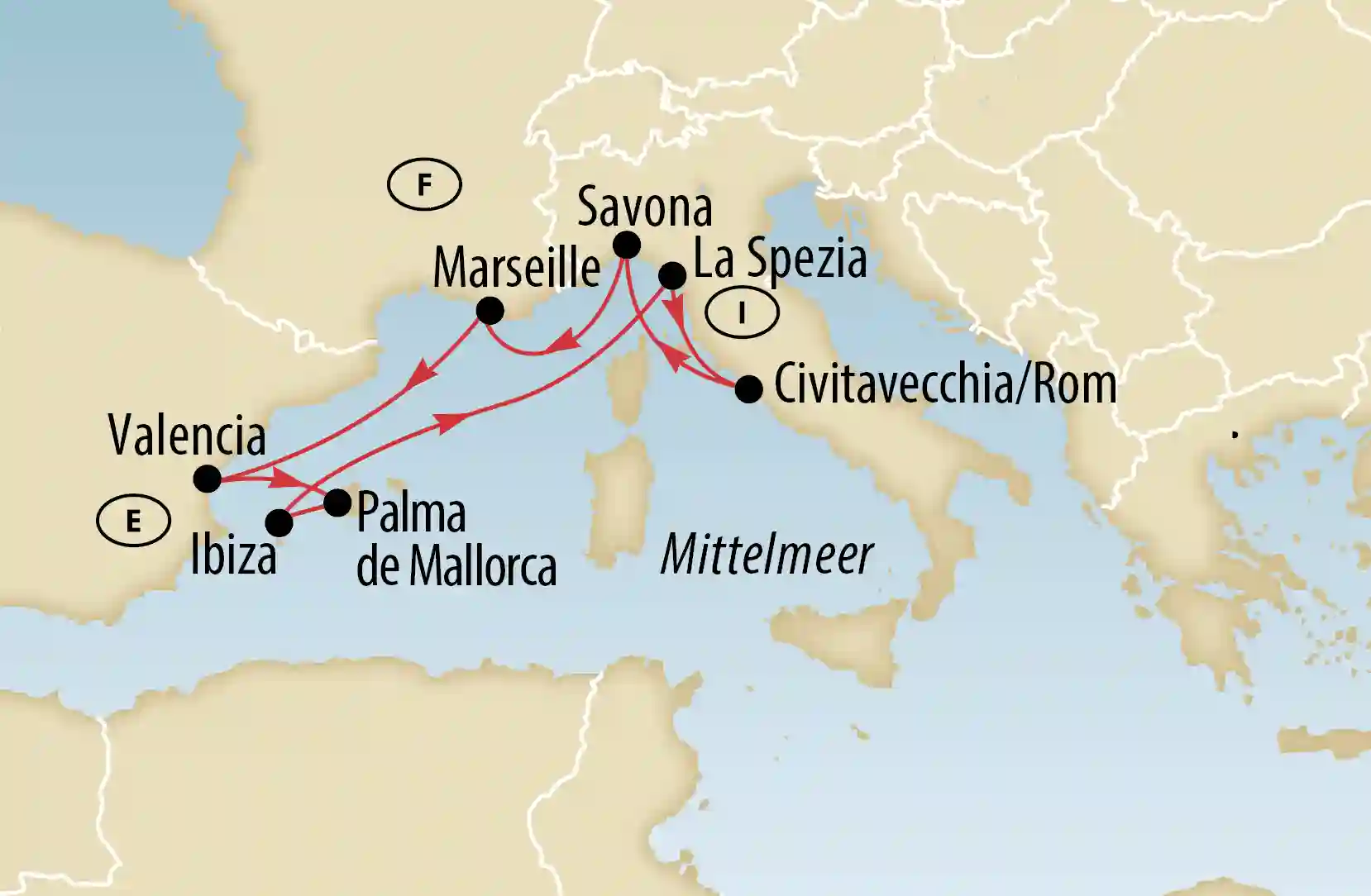 Karte einer Mittelmeer Kreuzfahrtroute mit markierten Häfen in Spanien, Frankreich und Italien