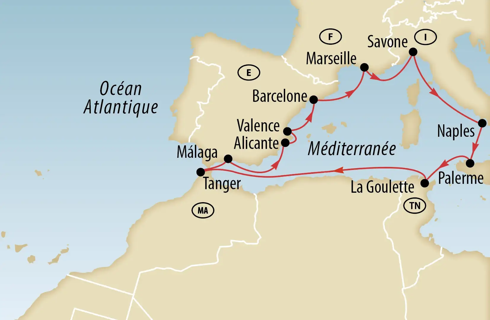 Carte d'un itinéraire de croisière en Méditerranée avec ports indiqués en Espagne, France et Italie