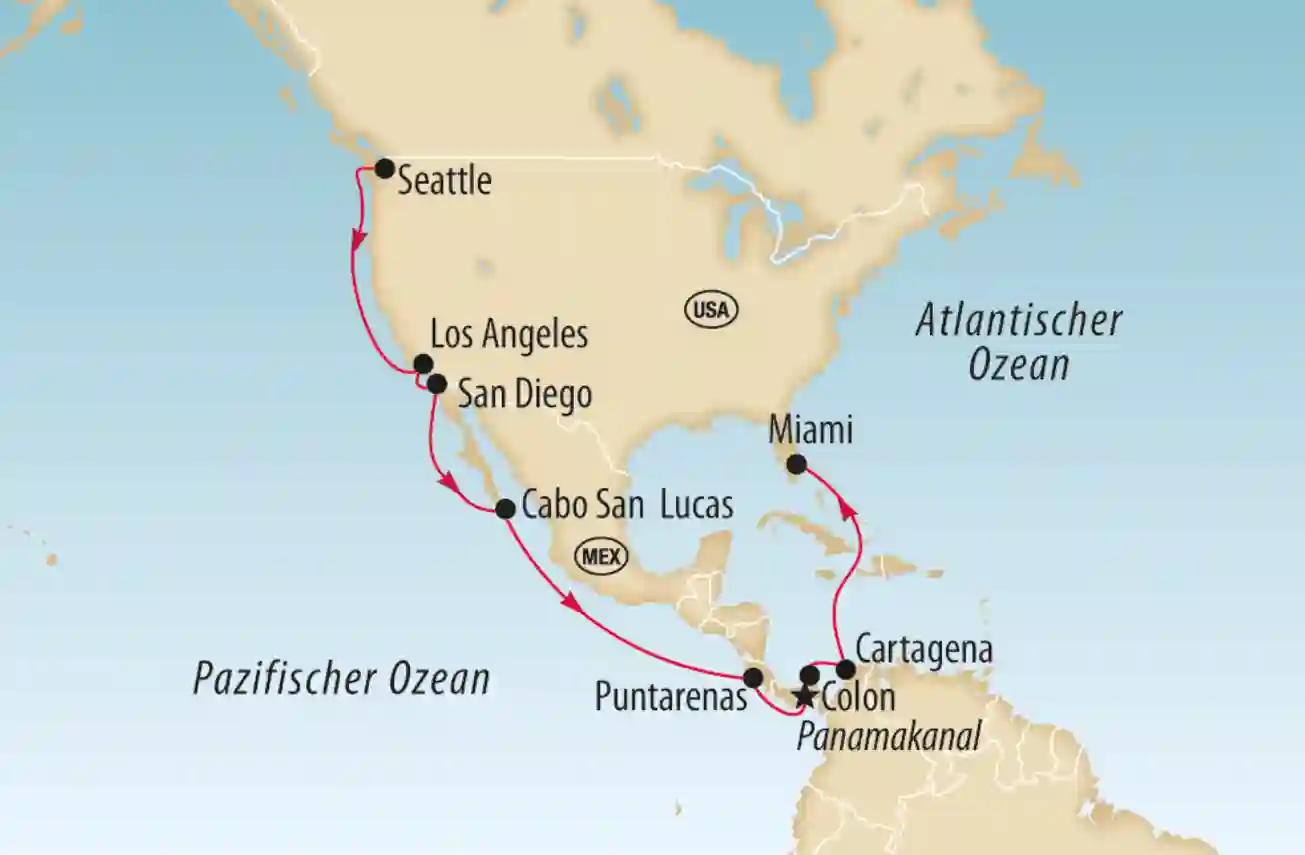 Karte mit Kreuzfahrtroute von der US Westküste durch den Panamakanal