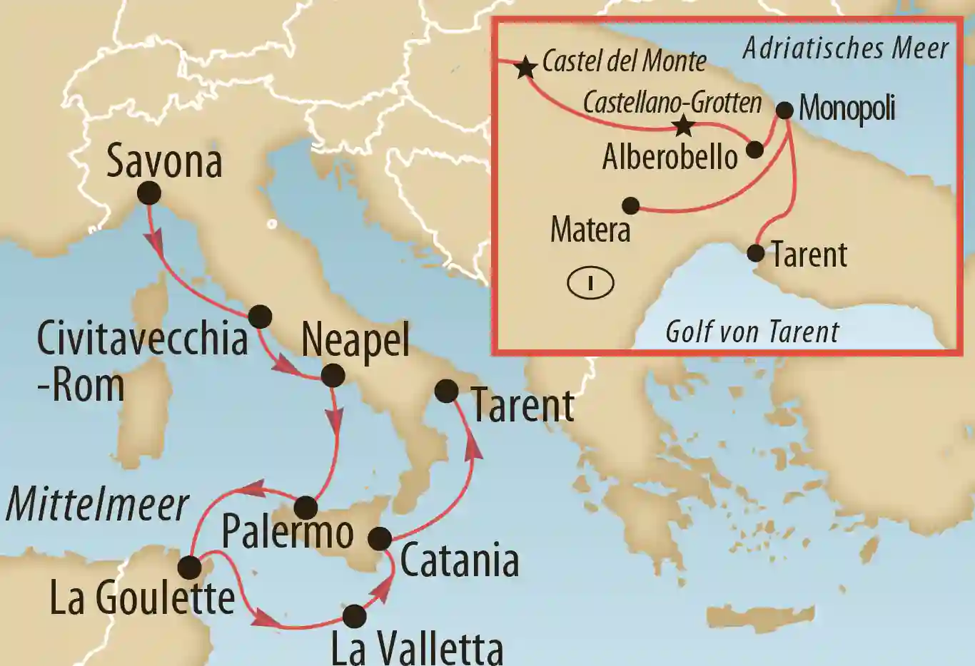 Karte einer Mittelmeer Kreuzfahrtroute mit eingezeichneten Häfen in Italien, Sizilien, Malta und Tunesien