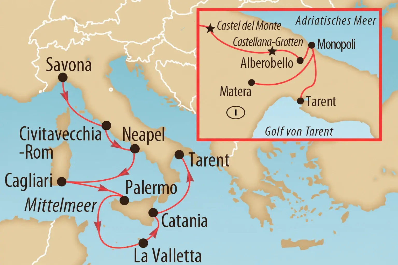 Karte einer Mittelmeer Kreuzfahrtroute mit eingezeichneten Häfen in Italien, Sizilien, Malta und Tunesien