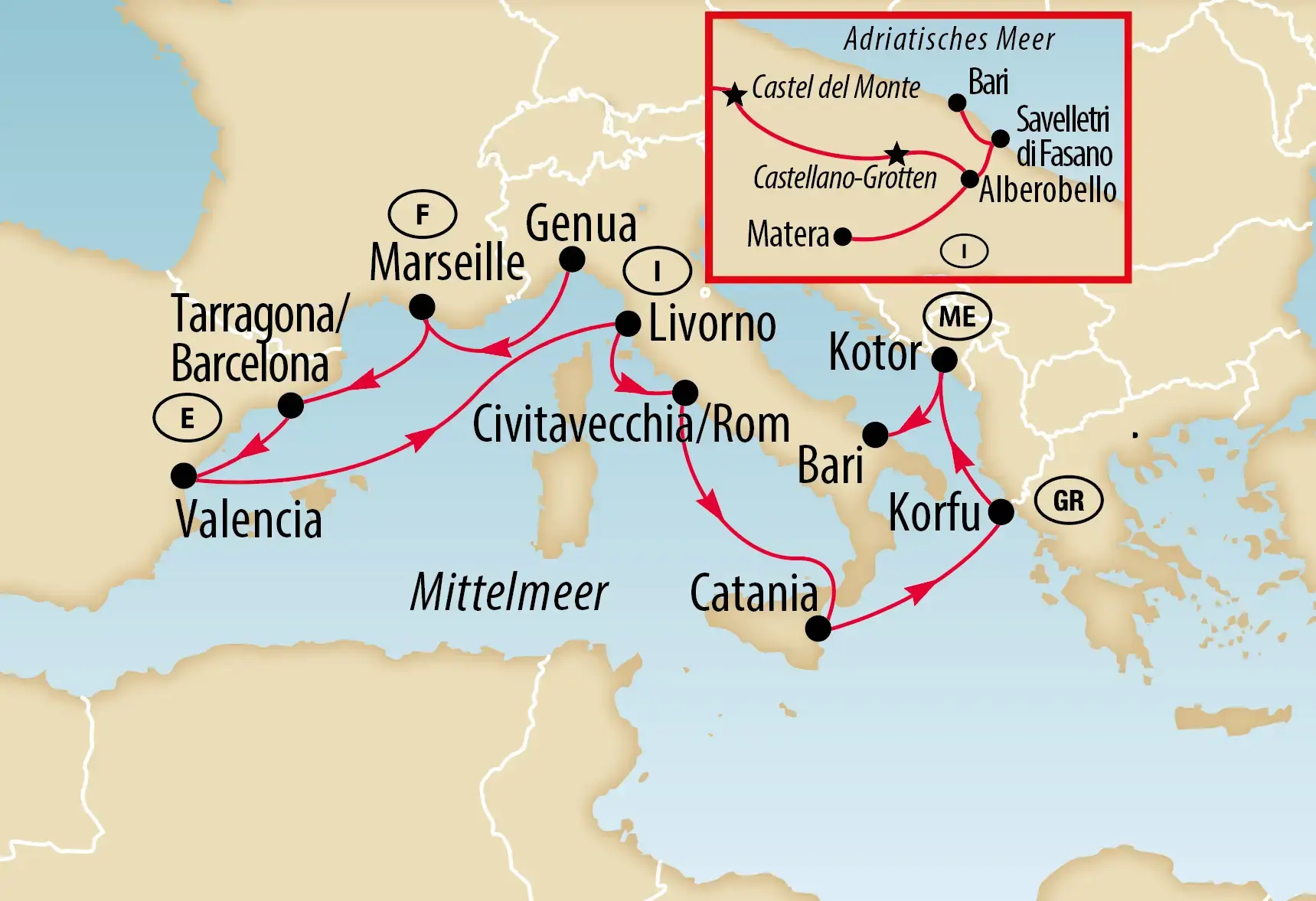 Eine Landkarte des Mittelmeers mit einer markierten Route zwischen Spanien, Frankreich, Italien, Montenegro und Griechenland.