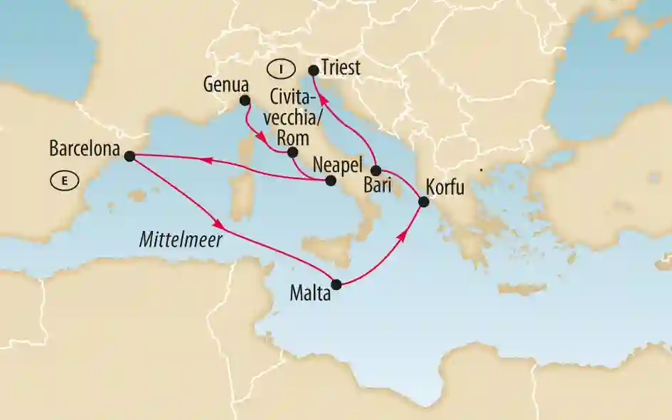 Karte mit eingezeichneter Kreuzfahrtroute im Mittelmeer mit Stopps in Italien, Spanien, Griechenland und Malta
