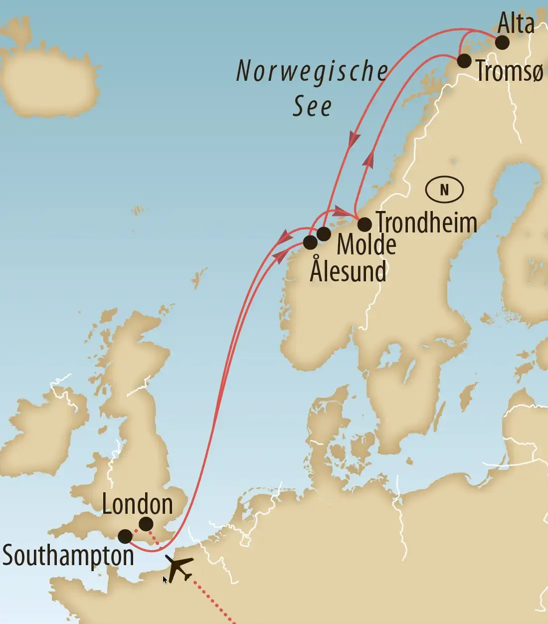 Karte der Reiseroute von Southampton entlang der norwegischen Küste bis Alta