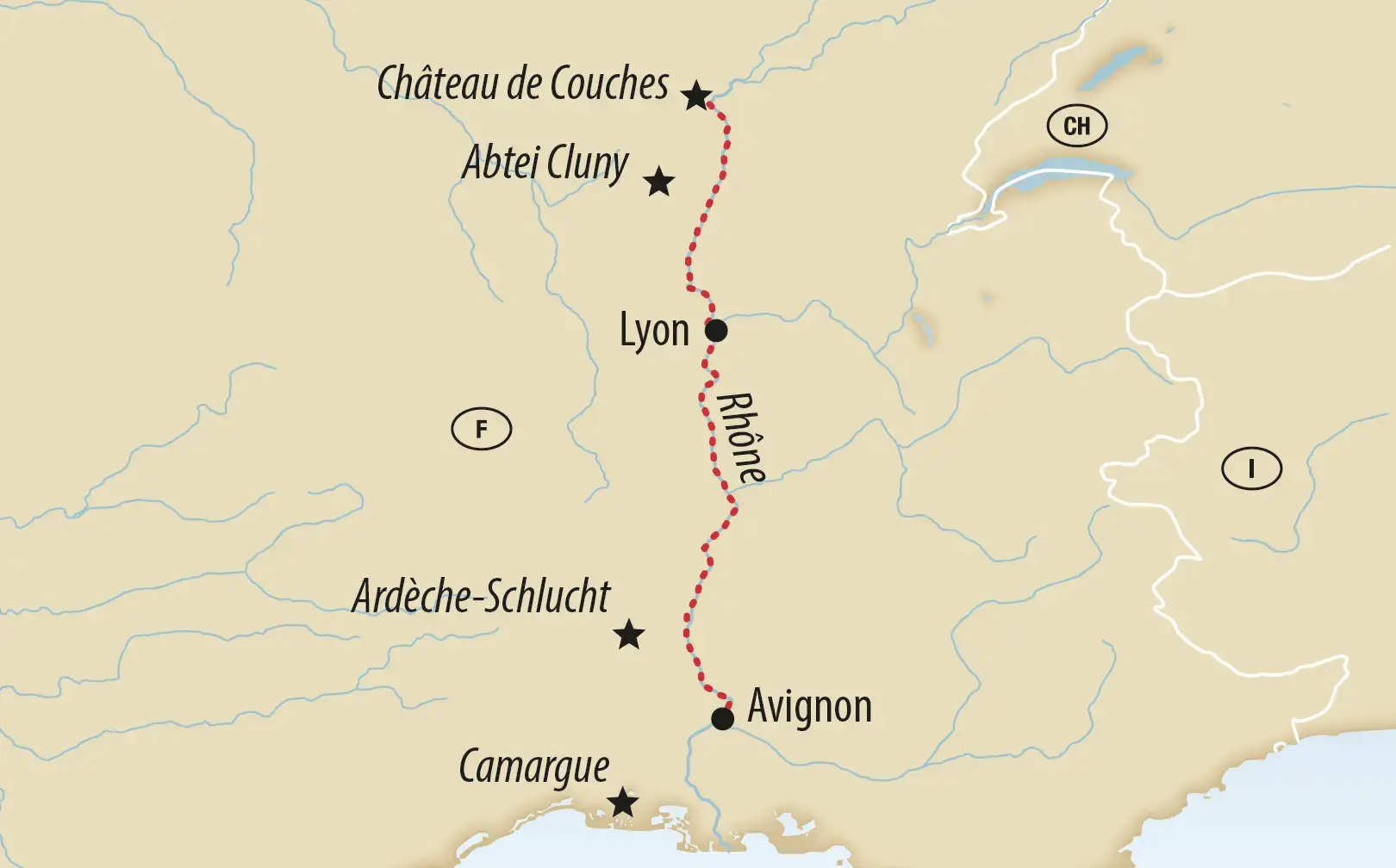 Karte der Flusskreuzfahrt auf der Rhône zwischen Lyon und Avignon mit Ausflugszielen