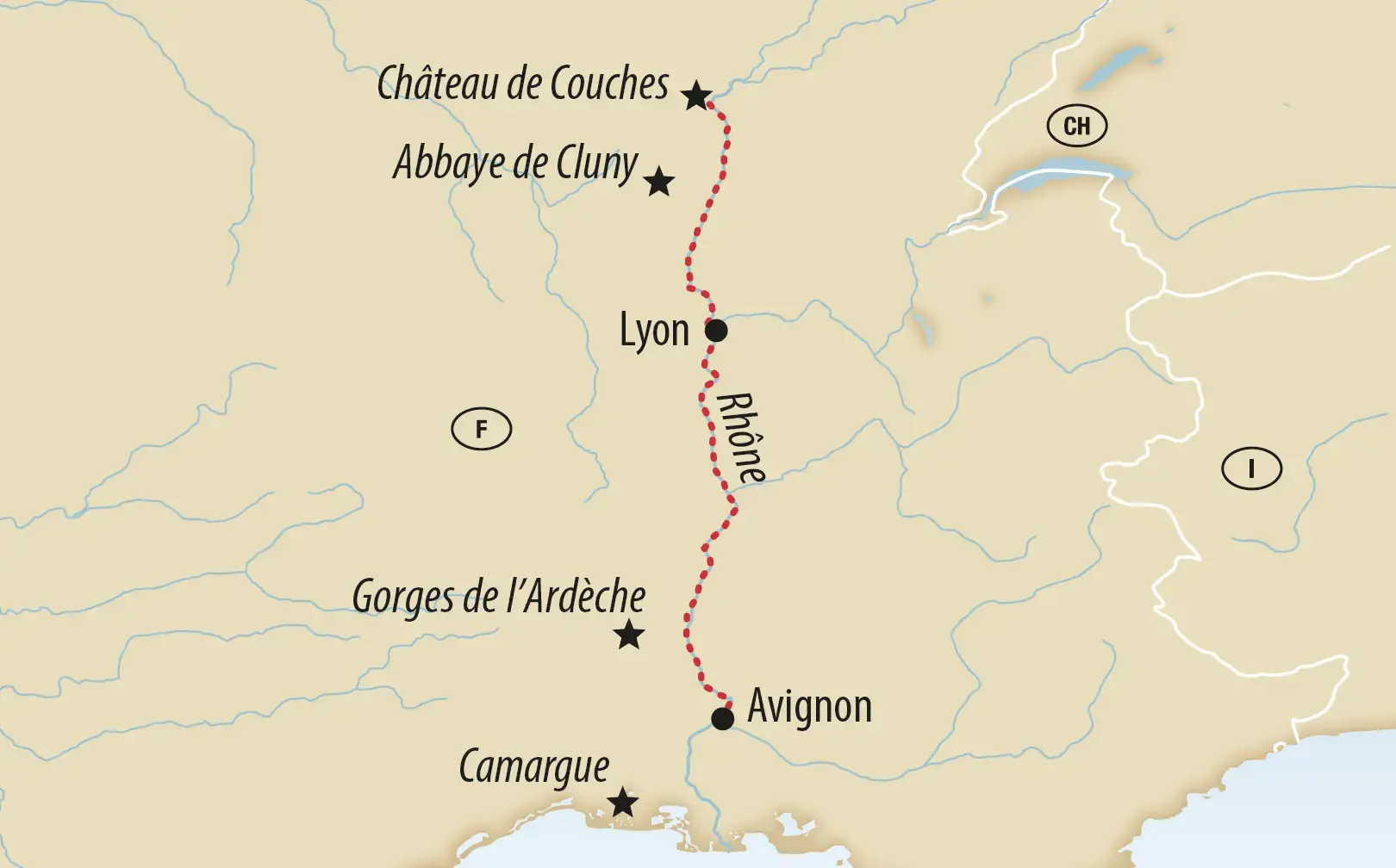 Karte der Flusskreuzfahrt auf der Rhône zwischen Lyon und Avignon mit Ausflugszielen
