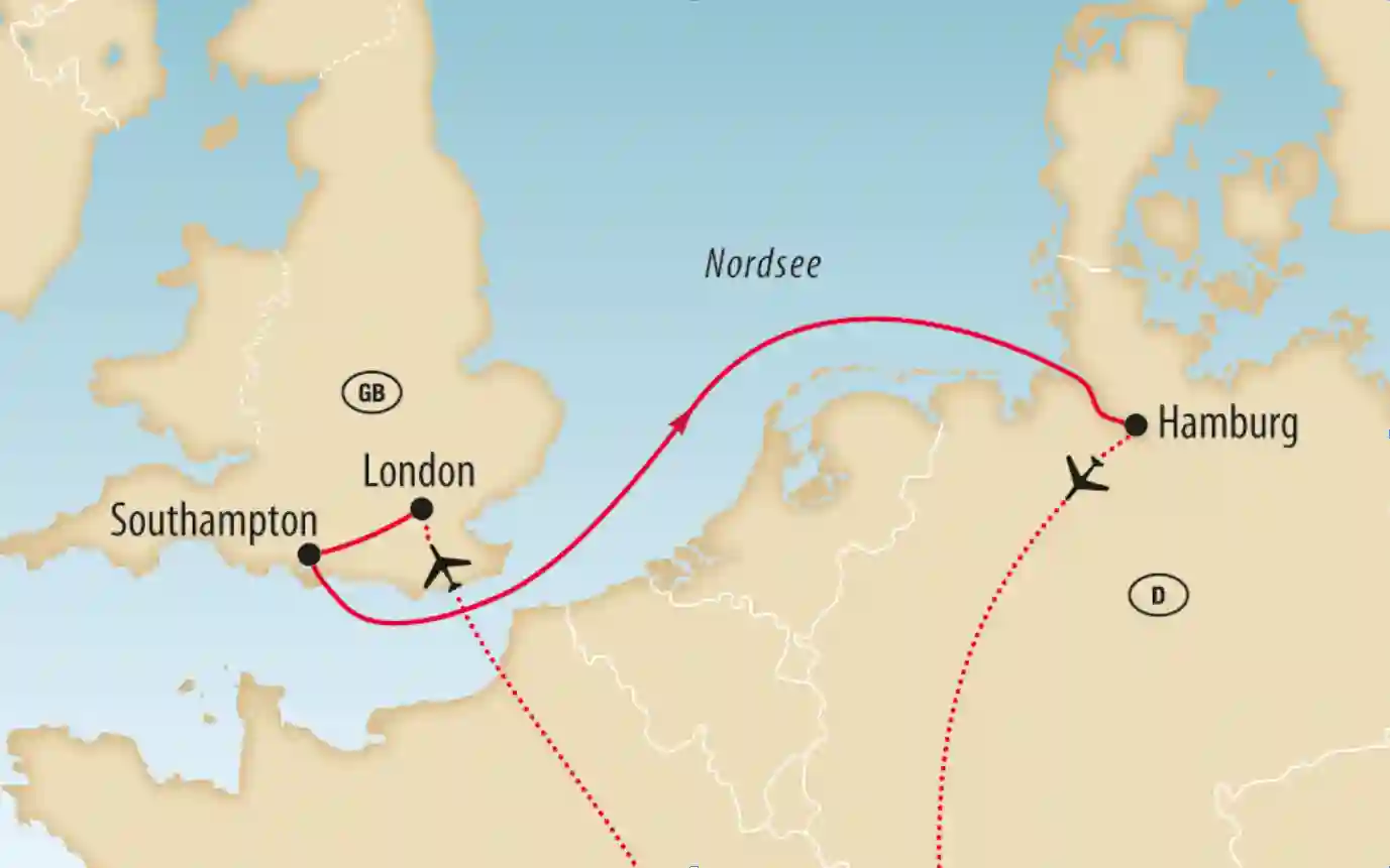 Karte von Nordeuropa mit eingezeichneter Reiseroute von Hamburg über Grossbritannien und die Nordsee
