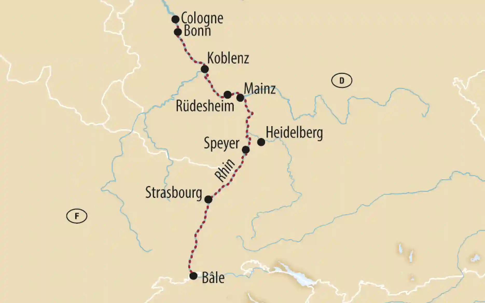 Carte de l’itinéraire du Rhin avec étapes comme Bâle, Strasbourg, Mayence, Coblence, Bonn et Cologne