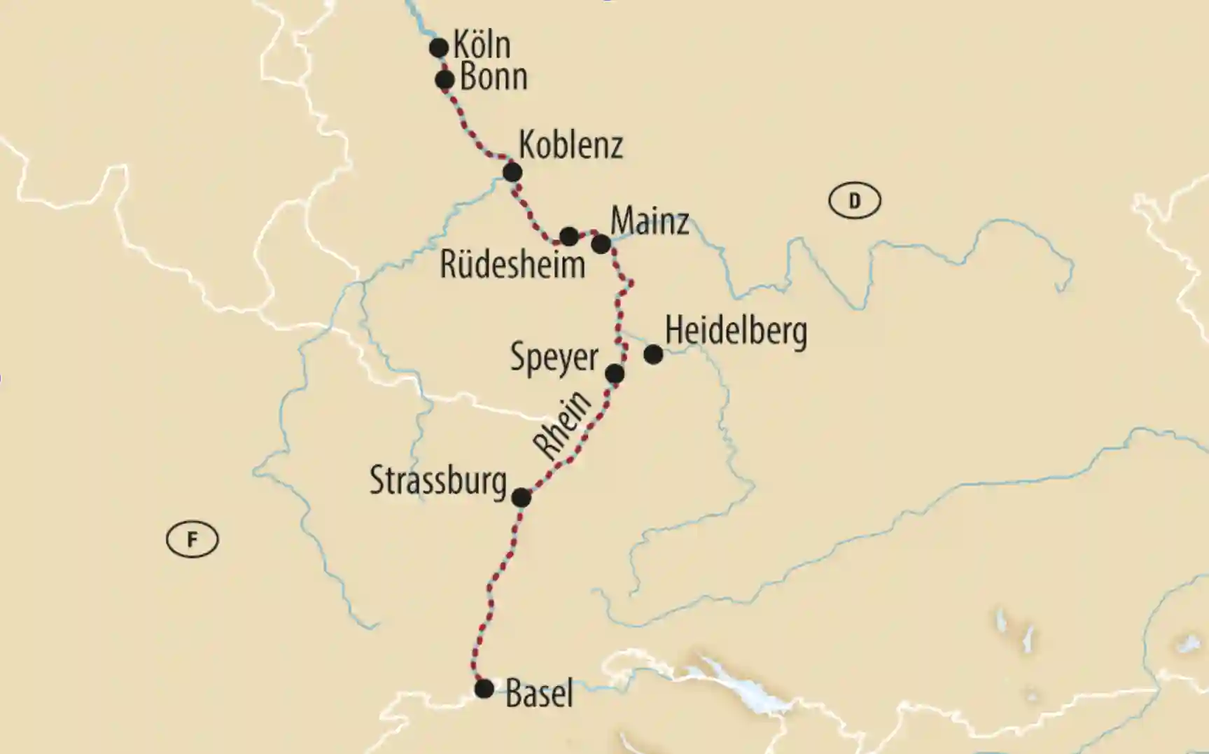 Karte der Rheinroute mit Stationen wie Basel, Strassburg, Mainz, Koblenz, Bonn und Koeln