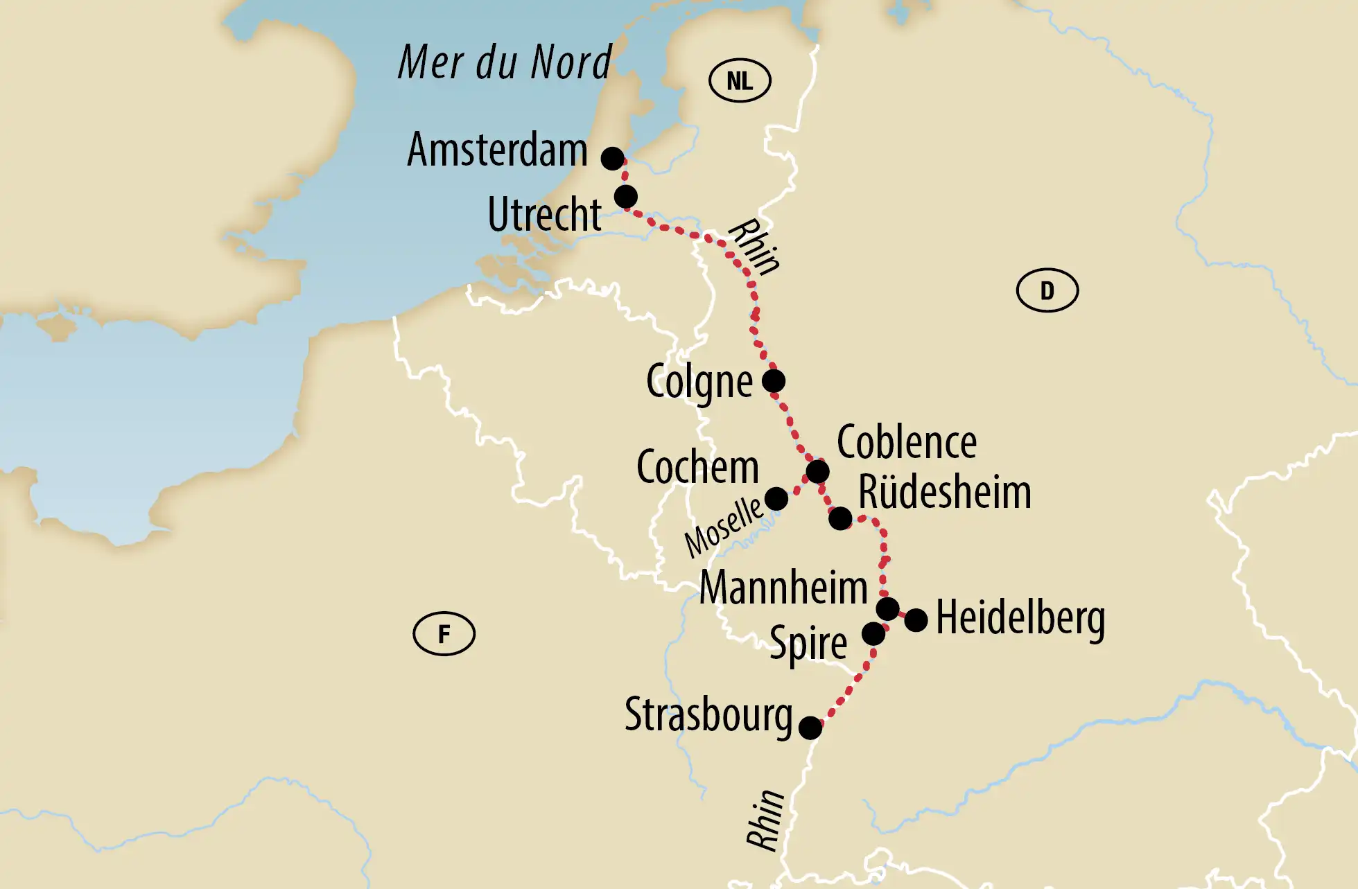 Carte d'un itinéraire le long du Rhin d'Amsterdam et Utrecht via Cologne, Boppard, Wiesbaden, Mayence, Worms, Spire et Strasbourg jusqu'à Bâle, tracé en rouge.