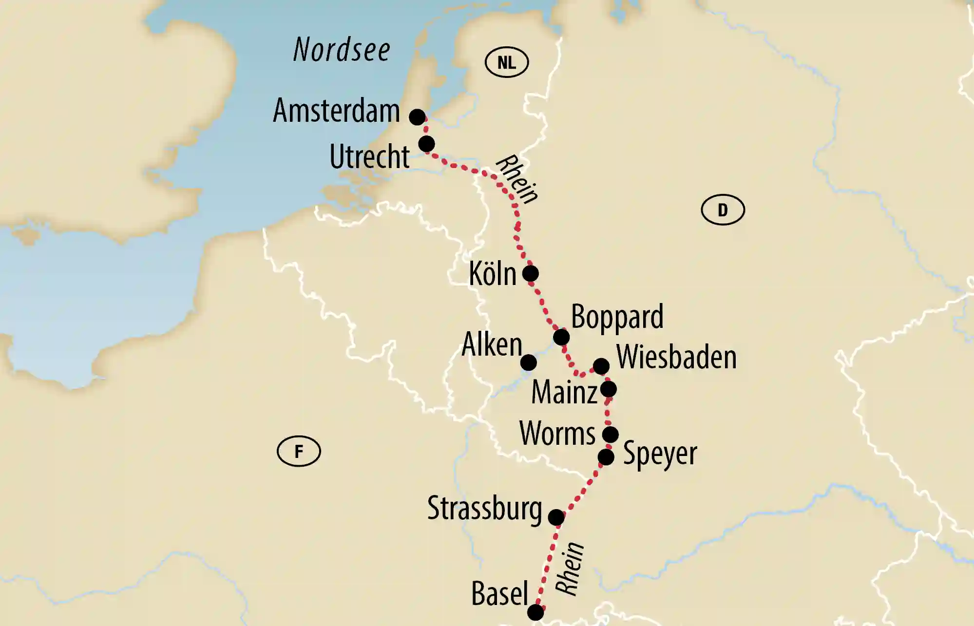 Karte einer Rheinstrecke von Amsterdam und Utrecht über Köln, Boppard, Wiesbaden, Mainz, Worms, Speyer und Strassburg bis Basel, verbunden durch eine rote Linie.