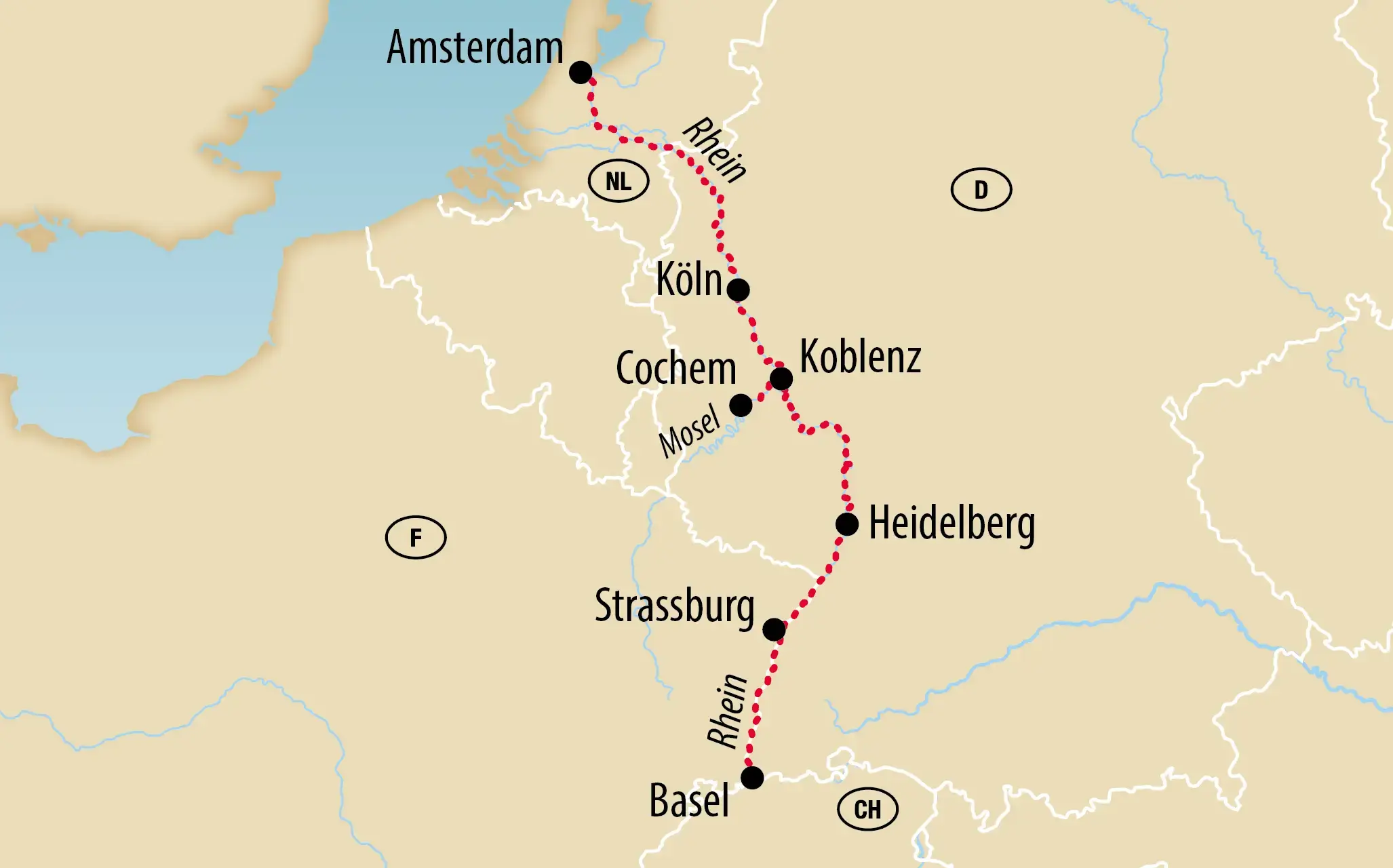 Karte einer Rheinstrecke von Amsterdam und Utrecht über Köln, Boppard, Wiesbaden, Mainz, Worms, Speyer und Strassburg bis Basel, verbunden durch eine rote Linie.